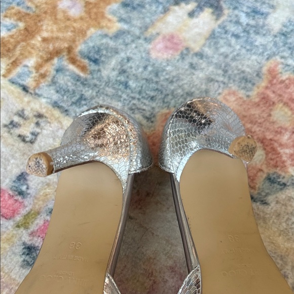Jimmy Choo Logan Metallic Silver Peep-Toe Heels